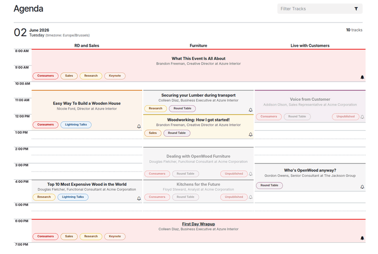 Odoo 19 event agenda page showing a calendar grid layout with talks organized by room columns and time slot rows