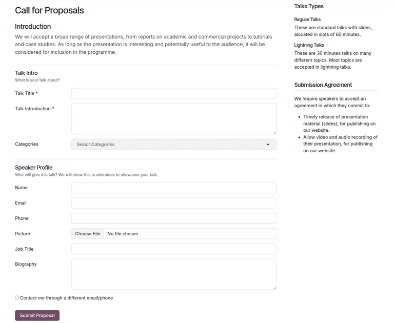 Odoo 19 event talk proposal submission page showing the visitor-facing form for submitting session proposals
