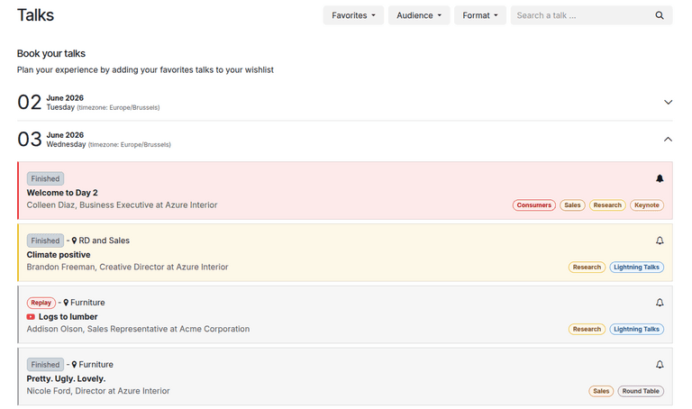 Redesigned Odoo 19 event talks page showing sessions organized by date with filtering controls and favorite bell icons