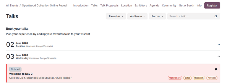 Odoo 19 event website sub-header navigation showing Talks, Proposals, and Agenda menu options
