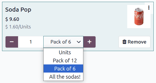 Odoo product catalog packaging dropdown showing per-unit cost breakdown for different packaging options