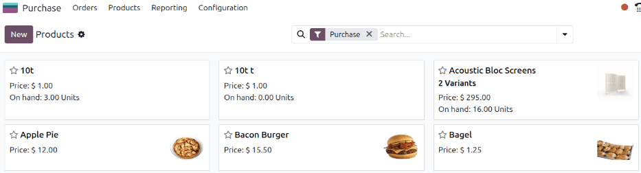 Odoo product catalog showing product cards with images, pricing, and quantity controls in a purchase order context