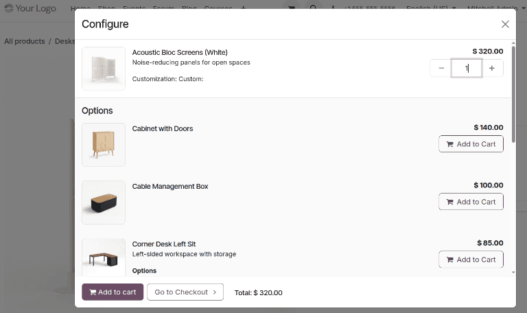 Odoo eCommerce storefront showing product suggestions powered by the automatic suggestion engine