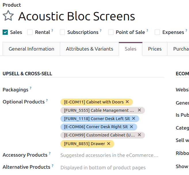 Odoo product form showing the optional products, accessory products, and alternative products fields that get auto-populated from sales history