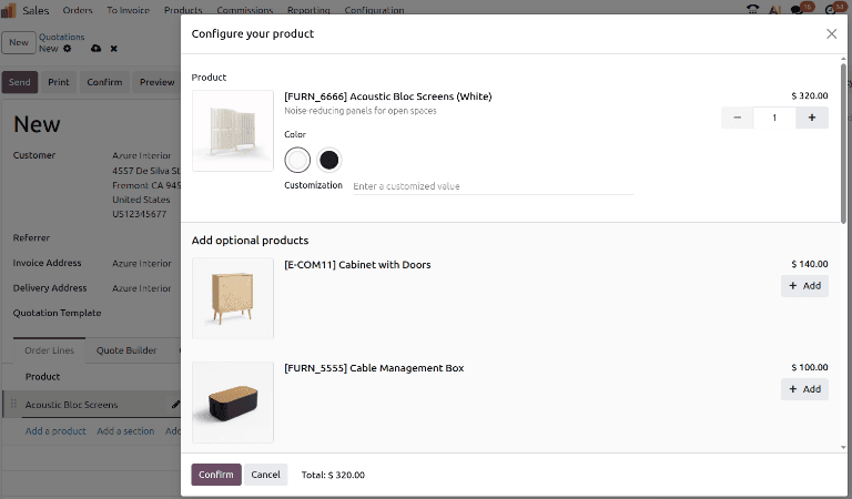 Odoo sales quotation showing automatically suggested optional products section with pricing and quantity controls