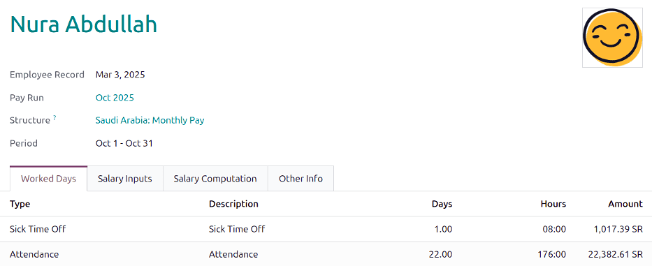 Odoo Saudi payroll payslip review showing EOS benefit calculation and GOSI contribution lines
