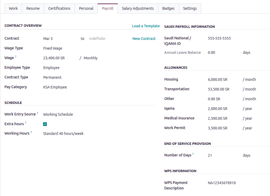 Odoo Saudi Arabia payroll overview showing salary structure, work entries, and payslip management interface