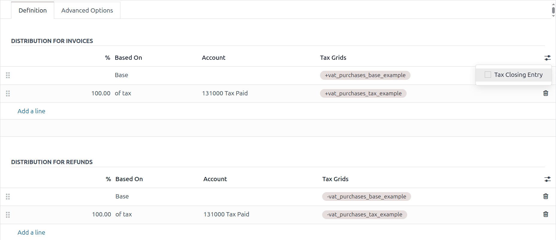 Odoo accounting report configuration showing the custom tax engine with expression formulas and report line hierarchy