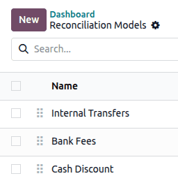 Odoo reconciliation models list showing available matching rules and configuration options