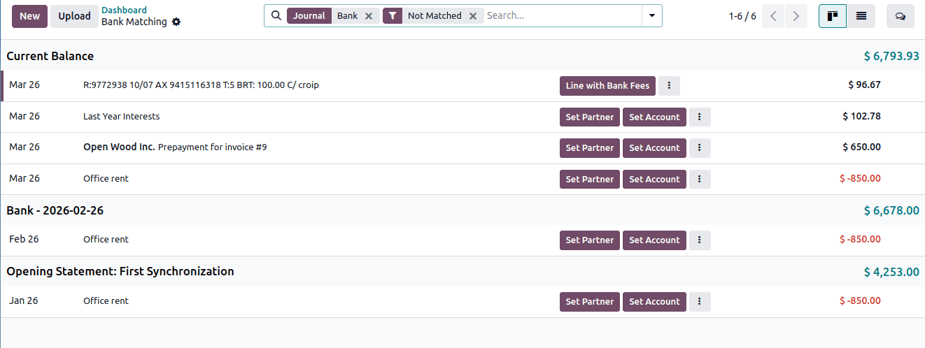 Odoo bank reconciliation matching view showing transaction lines with automated matching suggestions