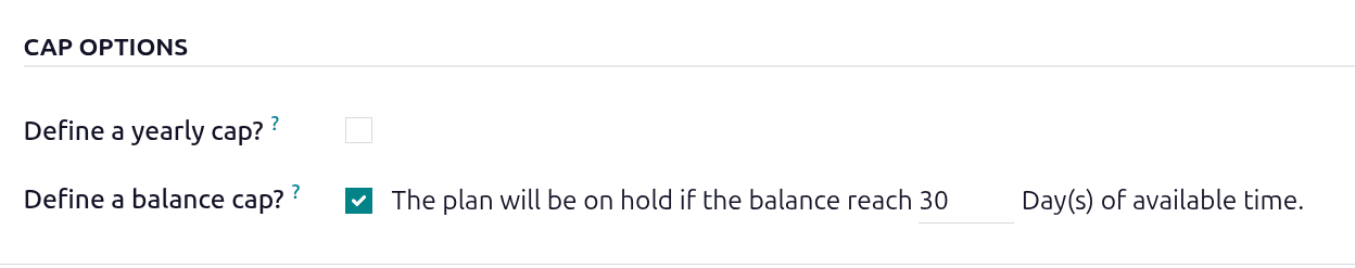 Cap options section showing yearly and balance cap configuration fields