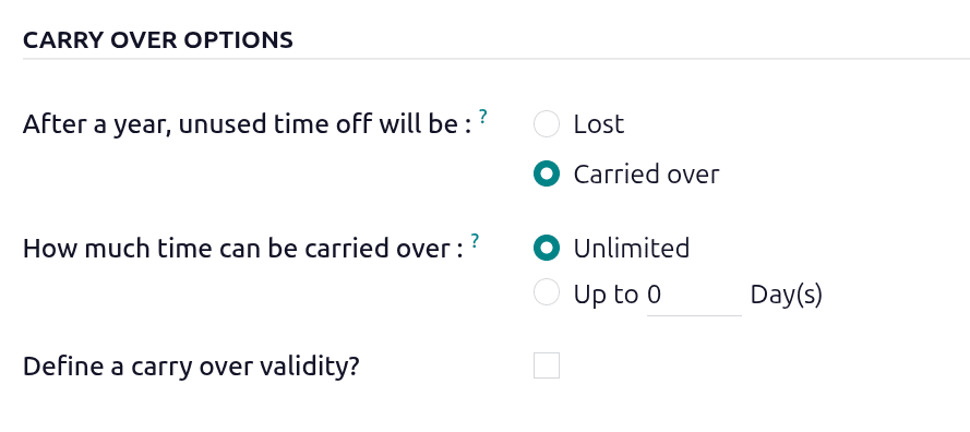 Carry-over options configuration showing unlimited carry-over with expiration settings