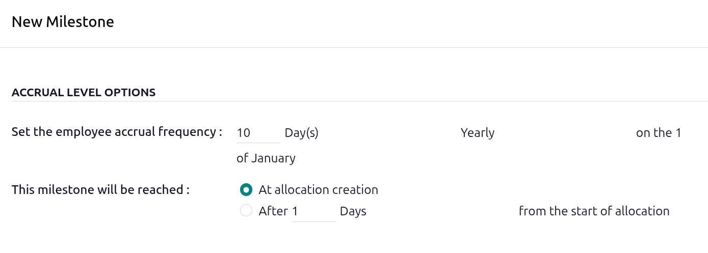 Accrual milestone configuration showing frequency and start trigger settings