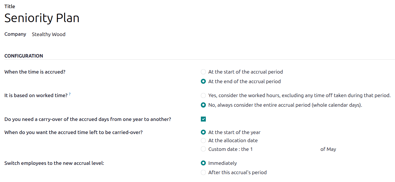 The accrual plan form in Odoo showing configuration fields for seniority-based time off
