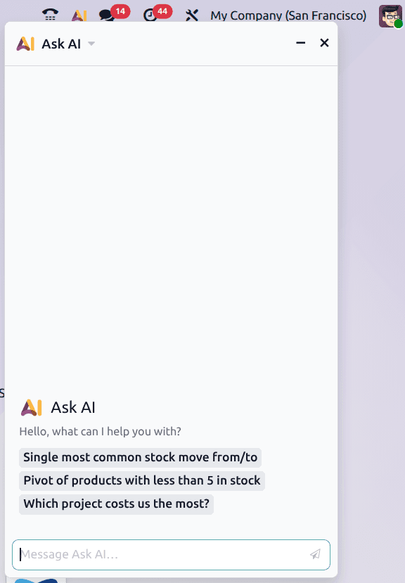 Odoo AI button in the interface showing the integrated AI action