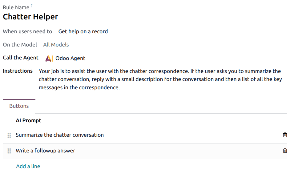 Odoo AI default prompt configuration showing button-level prompts with title and instruction fields