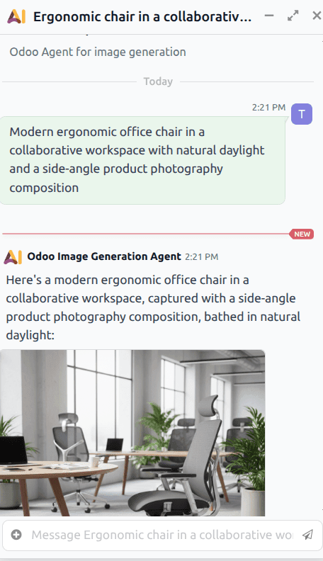 Odoo AI image generation agent conversation showing a natural language prompt and the resulting generated product image
