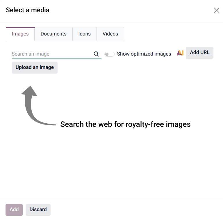 Odoo website editor showing the Select a Media popup with the AI image generation option