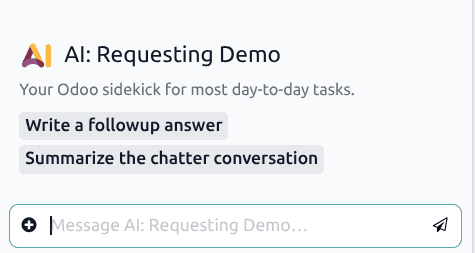 Odoo AI prompt buttons appearing in a chatter conversation for quick AI actions