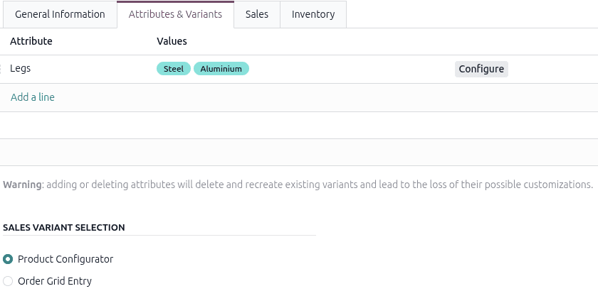 Odoo product form Attributes and Variants tab showing attribute values and selection options