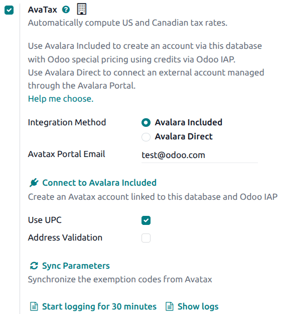 Odoo Accounting settings showing AvaTax enablement and Avalara Included account type selection