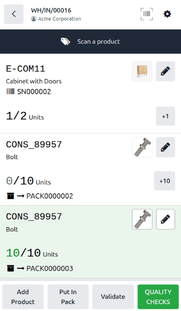 Odoo Barcode app showing partial package processing after scanning a package barcode