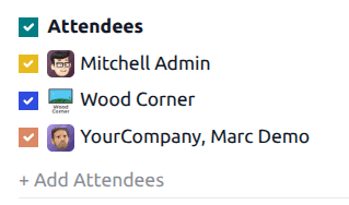 Odoo Calendar attendee view showing team member availability side by side