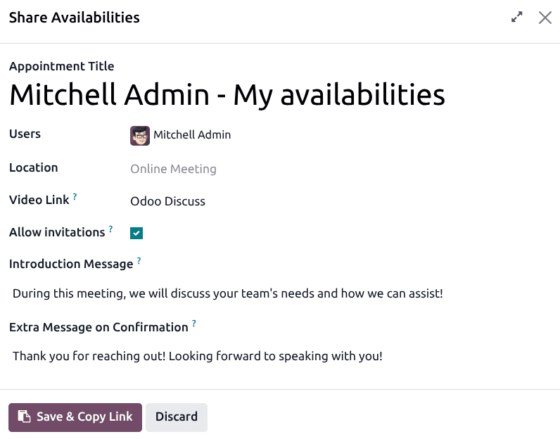 Odoo Calendar appointment sharing form with availability configuration and video link options