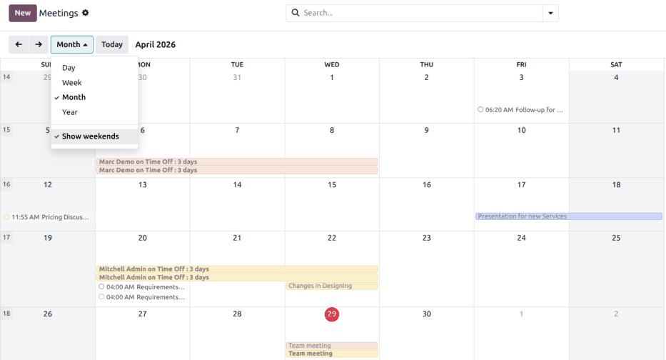Odoo Calendar main view showing day, week, month, and agenda view options with scheduled events