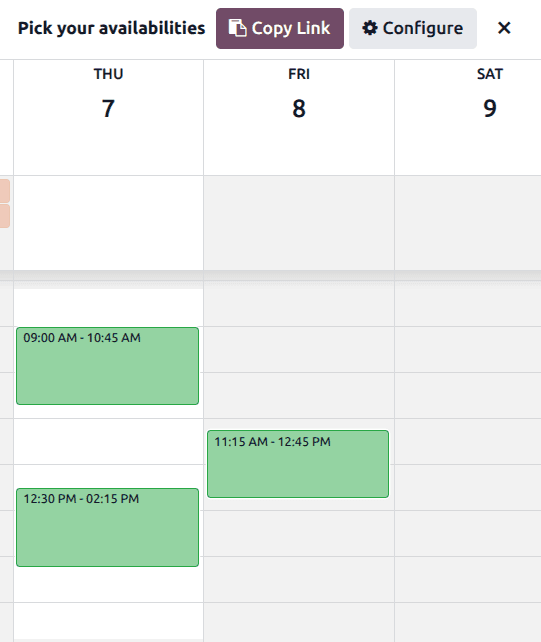 Odoo Calendar share availabilities interface showing drag-to-select time slots