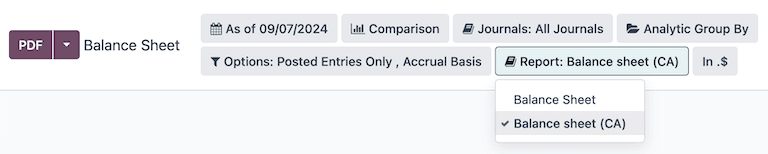 Odoo Canadian localization balance sheet report selection