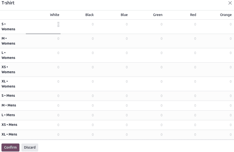 Odoo order grid entry showing a variant matrix with quantity fields for bulk selection