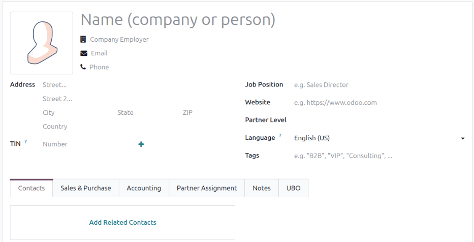 Odoo 19.3 unified contact form showing the merged individual and company layout with related contacts section