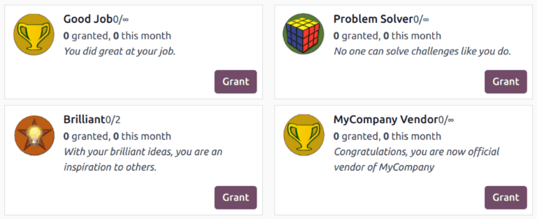The Odoo CRM gamification badges dashboard showing earned achievements and team rankings
