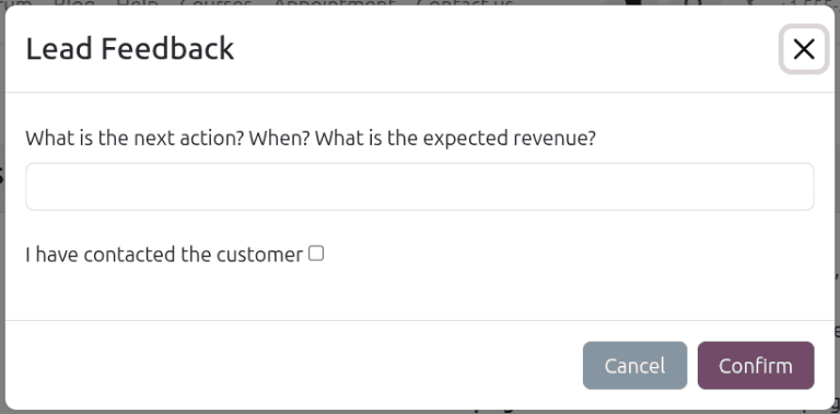 Odoo CRM lead feedback popup where reseller partners indicate interest or decline with a reason