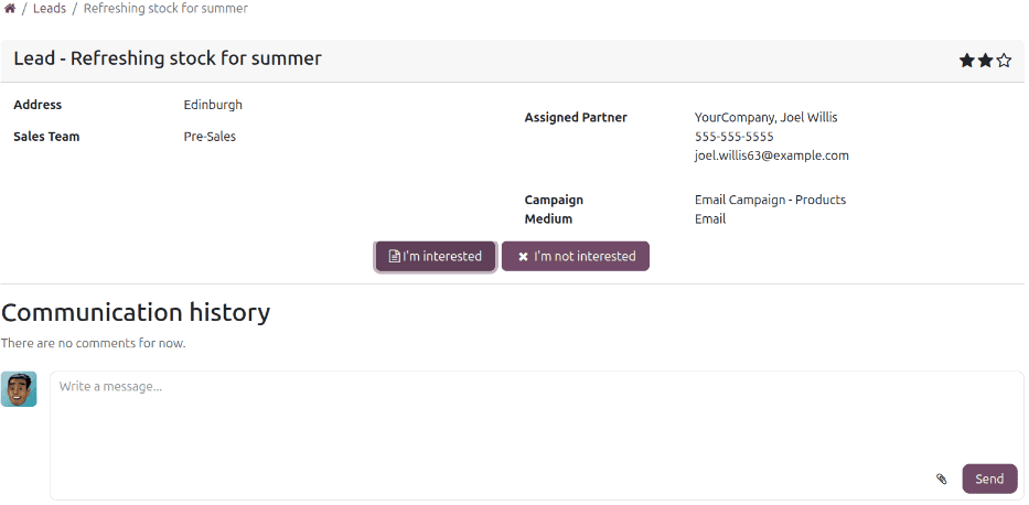 Odoo CRM reseller partner lead page in the user portal showing assigned leads with status indicators