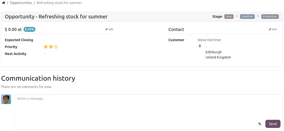 Odoo CRM reseller portal showing an opportunity page with deal details and available actions