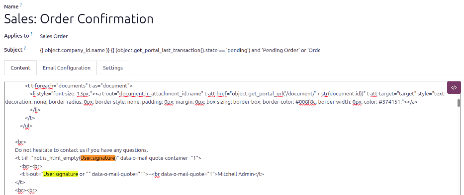 Odoo email template code view showing the two instances of object.user_id.signature replaced with User.signature