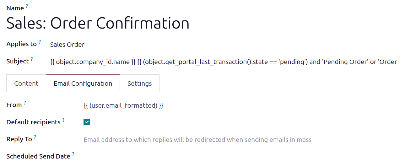 The Odoo email template Email Configuration tab showing the From field updated with the user.email_formatted expression
