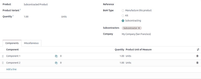 Odoo bill of materials configured with subcontracting type showing components assigned to the dropship route