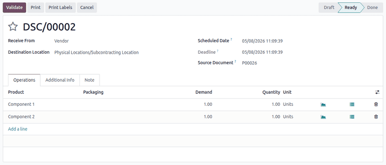 Odoo dropship order showing component transfer from vendor to subcontractor location