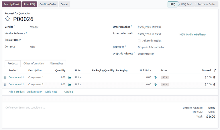 Odoo request for quotation automatically generated for vendor with subcontractor as delivery destination