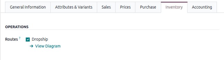 Odoo 19 component inventory tab showing the simplified Dropship route checkbox for subcontractor dropshipping