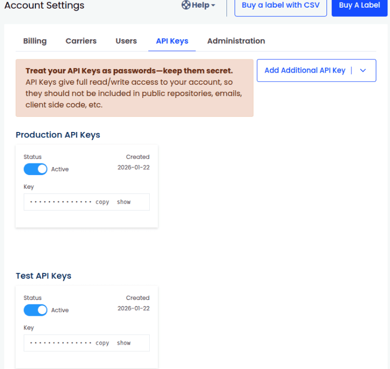 EasyPost account settings showing Test and Production API key creation for Odoo integration