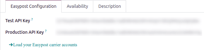 Odoo delivery method form showing the Load EasyPost Carrier Accounts button and carrier list