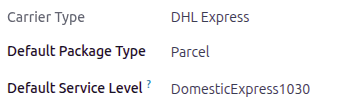 Odoo EasyPost delivery method showing default package type and service level configuration