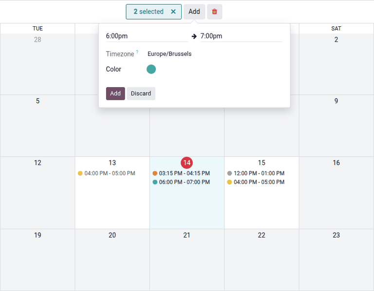 Adding a time slot through the calendar view with start and end time selection
