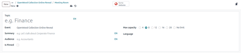 Odoo Events community room creation form with topic, summary, and capacity fields