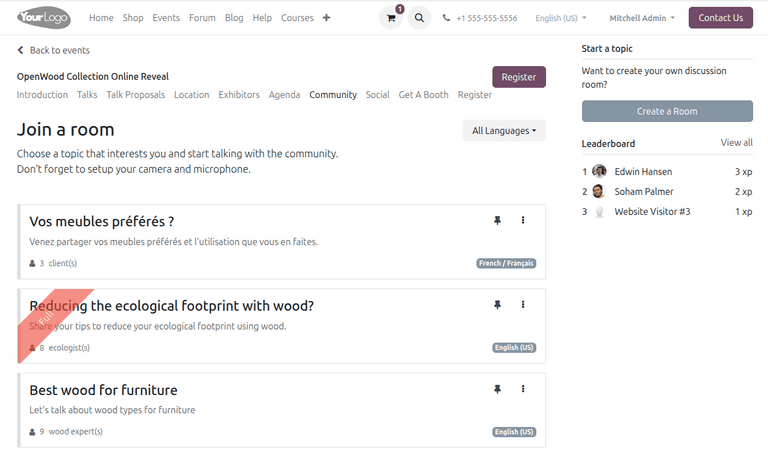 Odoo Events community rooms page showing available meeting rooms with participant counts