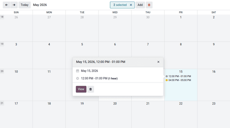 Editing and deleting event slots through the calendar view interface